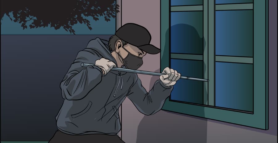 Illustration of burglar forcing entry through a window in New Orleans